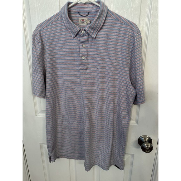 Faherty Short Sleeve Polo Shirt Mens Size L Large Red White Blue Striped - Picture 1 of 9